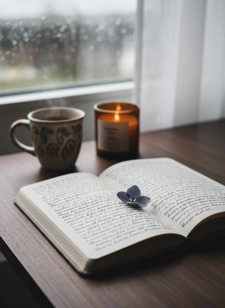 A slim, cloth-bound journal in muted taupe lies open on a walnut desk, its cream pages filled with dense, flowing handwriting in two alternating inks, one deep black and one warm sepia, hinting at bilingual thoughts. A single dried hydrangea petal rests between the lines, slightly curled. In the background, out of focus, a ceramic mug of herbal tea and a softly glowing amber glass candle sit near a rain-streaked window. Overcast daylight filters through sheer curtains, casting a cool, diffused light and gentle shadows. Photographic realism, shot from a slightly elevated angle with a shallow depth of field, creating an intimate, reflective mood that suggests quiet, personal writing about life and womanhood without showing any people.