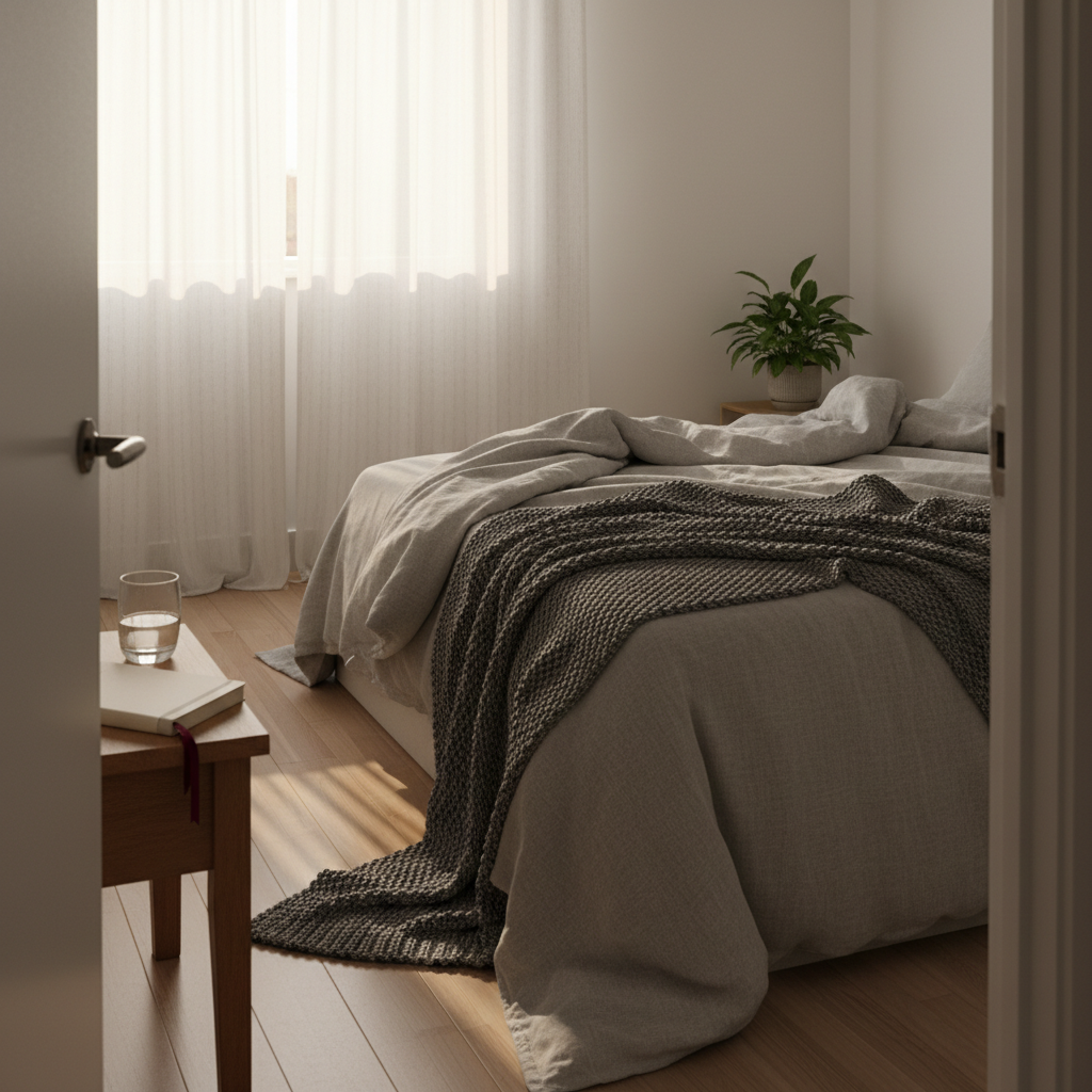 A neatly made bed with rumpled, stonewashed linen sheets in soft grey and a charcoal knitted throw draped asymmetrically across the foot, set in a small, minimalist bedroom. On the bedside table, a closed notebook with a satin ribbon bookmark rests beside a fountain pen and a small, half-empty glass of water catching the light. Pale morning sun filters through gauzy curtains, creating delicate, linear patterns on the fabric and wooden floor. Photographic realism with a calm, contemplative mood, captured at eye level from the doorway, using rule-of-thirds composition. The slight disarray of the bedding feels intimate yet sophisticated, evoking late-night reflections on vulnerability, identity, and the quiet strength found in solitude.